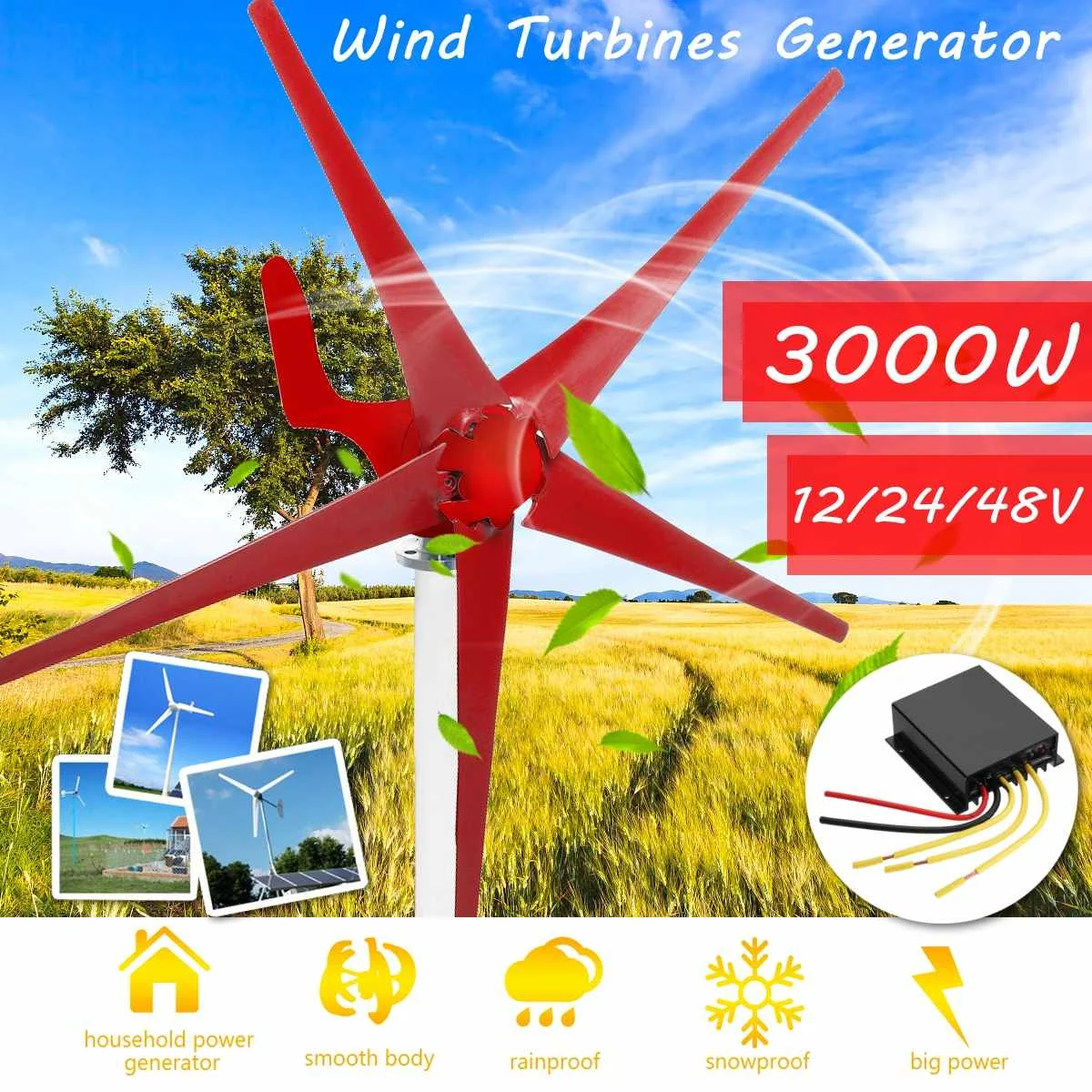 

3000W Wind T urbine Generator 12/24/48V 5 Wind Blades OptionWind Controller Use for Home,Solar Streelight,Marine Camping