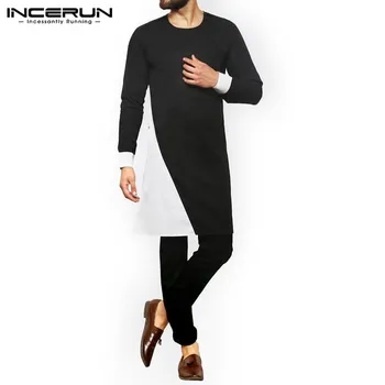

INCERUN Men Muslim Kaftan Long Shirts Long Sleeve Round Neck Kurtas Men Indian Patchwork Vintage Camisas Leisure Black Blusas