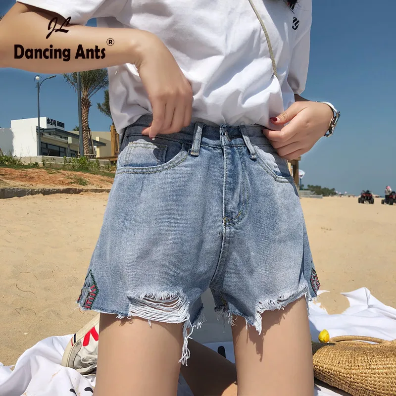 

Woman Jeans Short High Waist Wide-leg A-line Hole Shorts Vintage Ripped Side Embroidery High Street Loose Female Denim Shorts