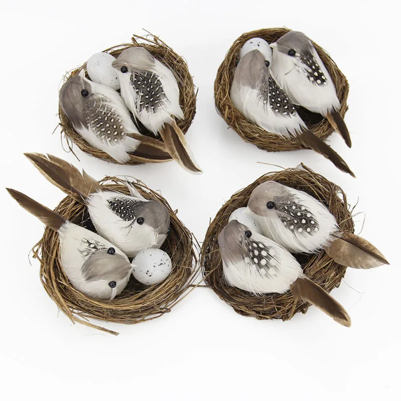 

1 Set Feathered Bird Nest Artificial Handmade Bird Egg Suit Realistic DIY Decor Home Car Ornament Background Feathered Bird Nest