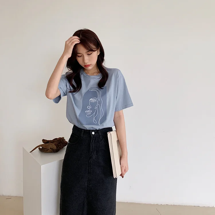 Abstract Print T-shirt Female Short Sleeve 2020 Summer New O-Neck Korean Women's Casual Tops Tees Harajuku