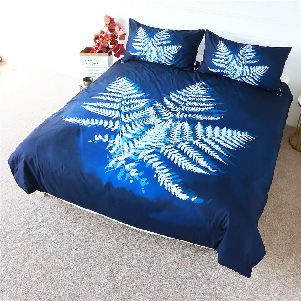 

HM Life Leaf Bedding Set Watercolor Duvet CoverSet Dark Blue Plant Energy Bedclothes White Leaves Comforter 3-Piece Cover Set