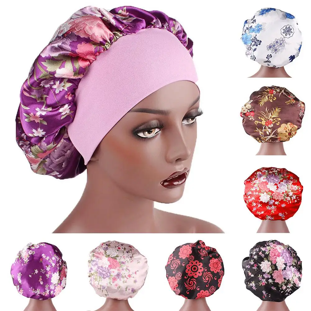 

Women's Satin Night Sleep Cap Wide-brimmed Flower Bonnet Elastic Turban Hat Spa Hair Care Protection