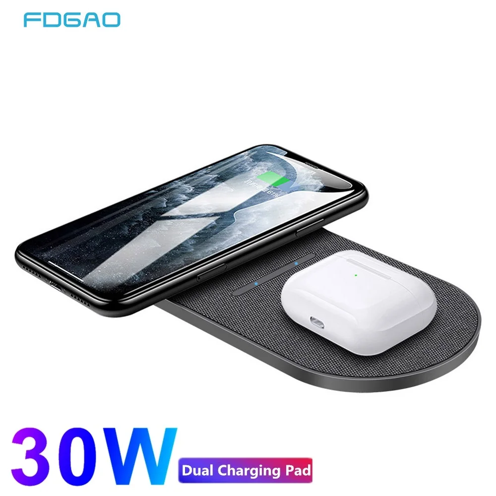 2 in 1 30W Dual Qi Wireless Charger for iPhone 12 11 Pro XS XR X 8 Airpods Pro Double Fast Charging Pad For Samsung S20 S10 Buds