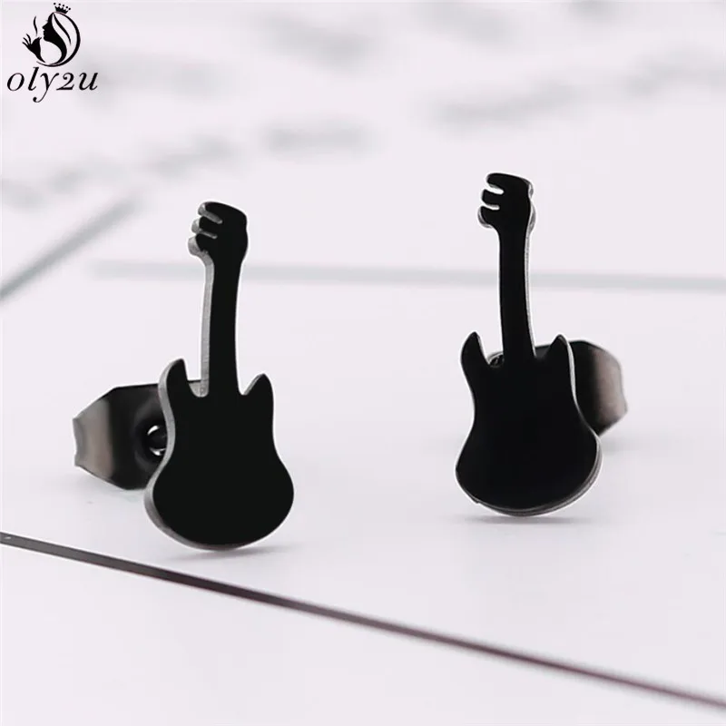 Oly2u Fashion Rock Guitar Earrings For Women Men Black Stainless Steel