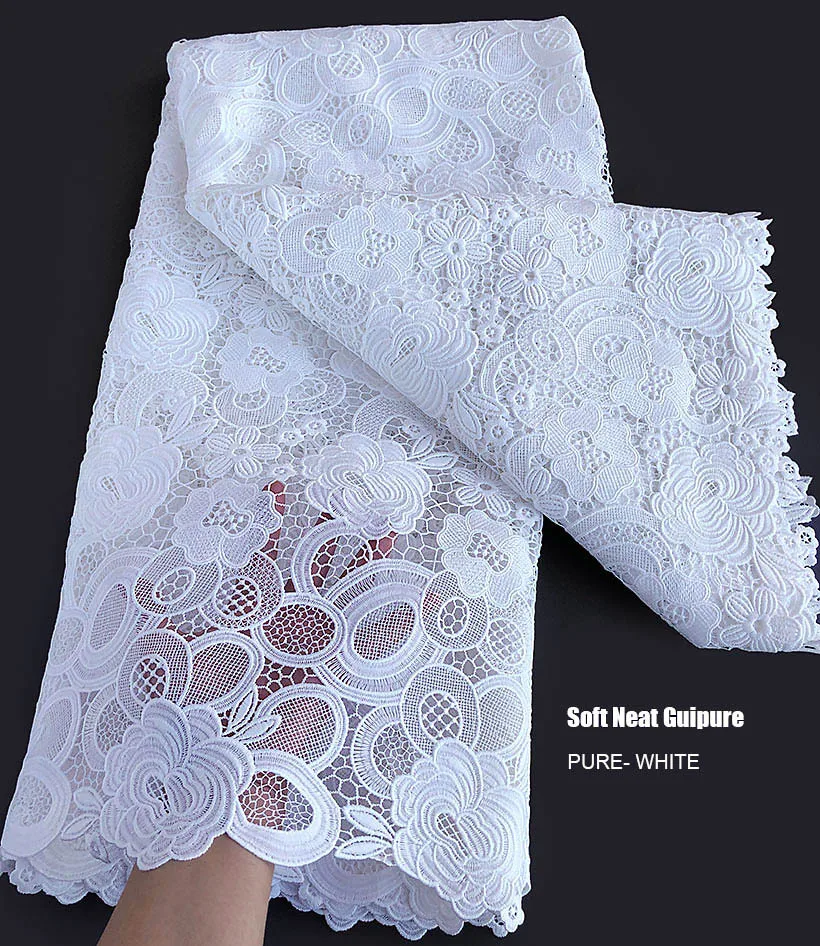 5 yards Pure White Soft African Guipure Lace High Quality Plain Black Couple Cord Lace Cupion Fabric for Ladies Gentlemen Dress