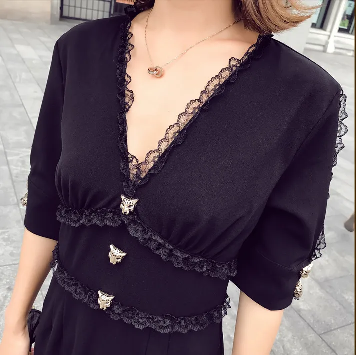Новинка, стильное летнее платье, винтажное женское длинное платье, Vestidos Longo, элегантное кружевное лоскутное черное платье-труба, вечерние платья HJ483