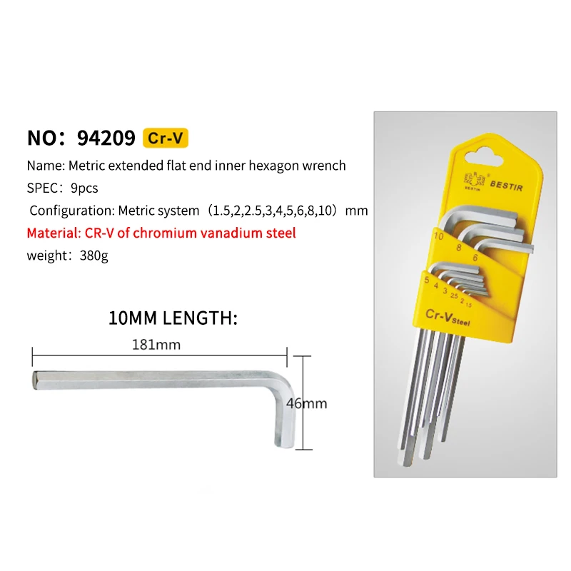 

Hexagon Wrench Set Socket Head Long Arm Flat End Metric Hex Key Wrench Spanner Universal Hand Tools Kit Type Features BESTIR