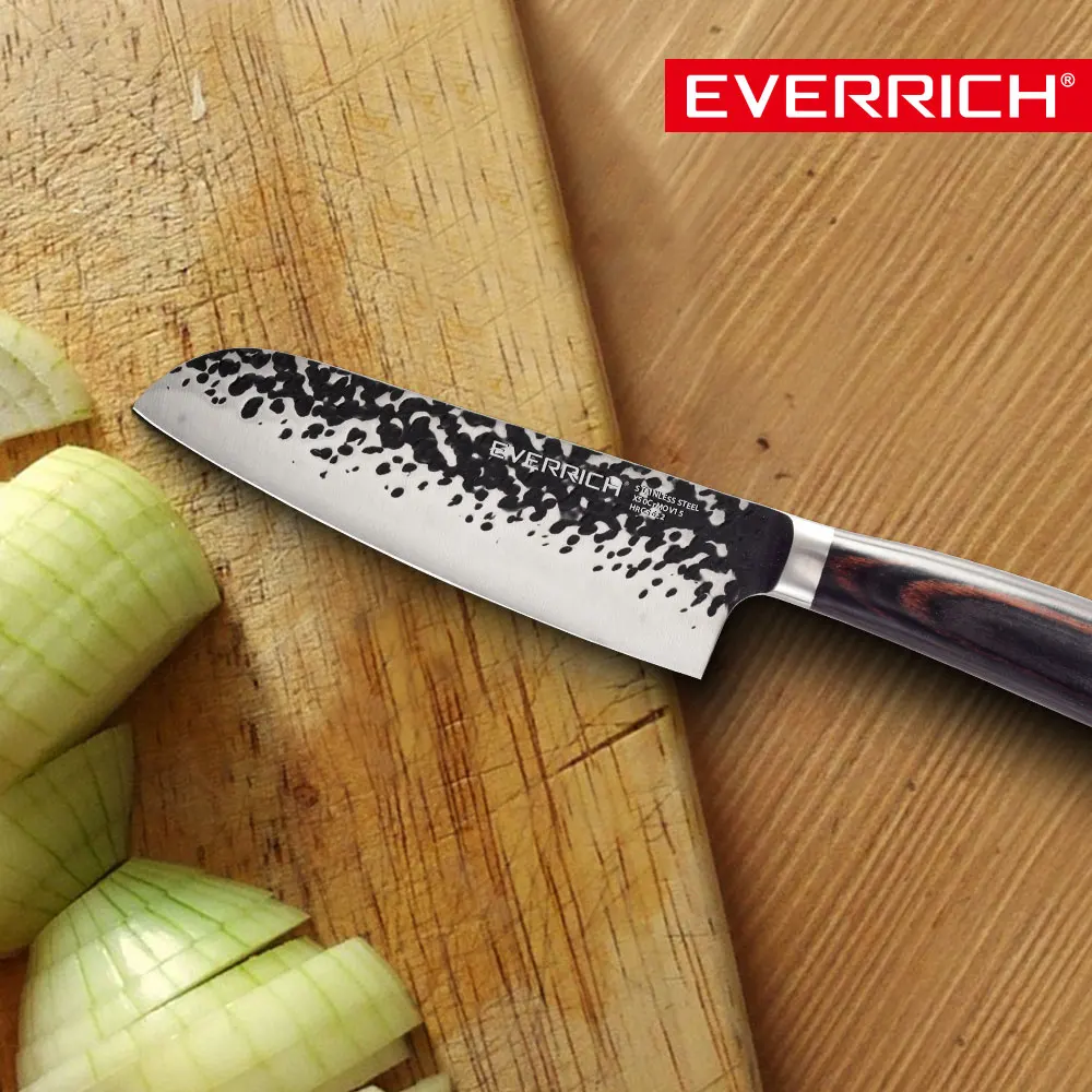 Everrich 5 дюймов нож Santoku кухонный нож для шеф-повара черный молоток узор лезвие японский 5CR15MOV высокоуглеродистые ножи