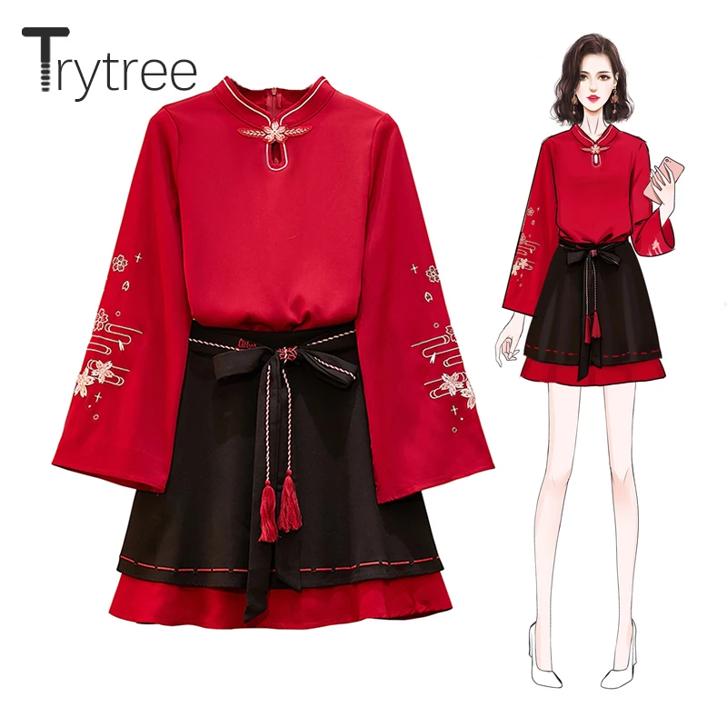 

Trytree Autumn Women Two Piece Set Casual V-neck Flare Sleeve Embroidery Tops + Skirt Belt Mini Lady Chinese Style 2 Piece Set