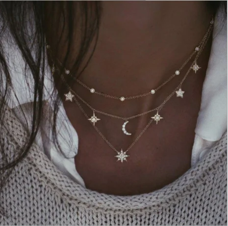 Women Necklaces Stars Moon Crystal Multilayer Gold Necklace Bohemian Fashion Choker Party Wedding Jewelry |