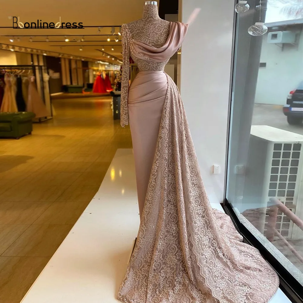 

Вечернее кружевное платье-Русалка Bonlinedress, платье с высоким воротником и открытым плечом для выпускного вечера, Формальные платья со шлейфом и бисером, вечернее платье