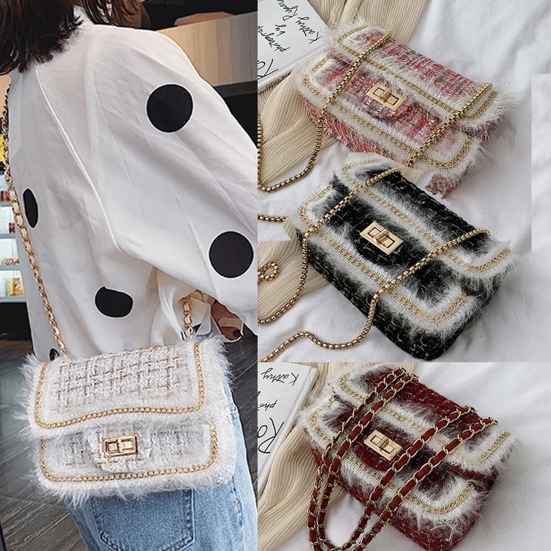 

2019 Autumn New Style Woolen Cloth WOMEN'S Bag Fashion Contrast Color Bag with Chain Pearl Shoulder Bag Versatile Lock Shoulder