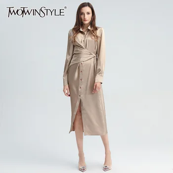

TWOTWINSTYLE Autumn Dress For Women Lapel Long Sleeve High Waist Lace Up Loose A Line Elegant Dresses Female 2020 Fall Clothing