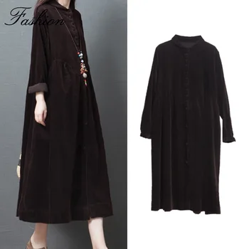 

Spring Autumn 2019 Korean Woman Corduroy Dress Mori Girl Loose Solid Color Elegant Women Dress