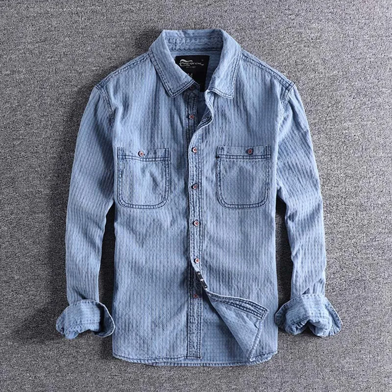 light blue Новое поступление осенне-зимняя жаккардовая Молодежная рубашка с карманами Мужская блузка с длинными рукавами Мужская одежда для продвижения оптом XL - Цвет: light blue