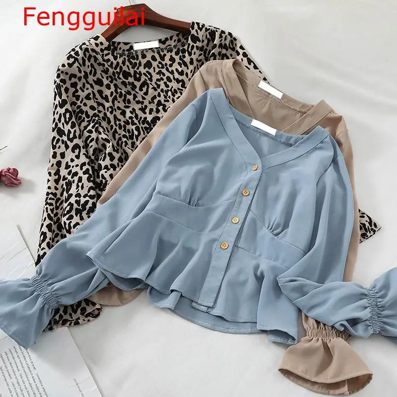 

Fengguilai Women Flare Sleeve V-neck Leopard Basic Shirt New Casual Short Slim High Waist Cardigan Button Chiffon Blouse Tops