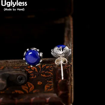 

Uglyless 8MM Lapis Studs Earrings for Women Handmade Leaf Lotus Earrings Thai Silver 925 Silver Brincos Gemstone Vintage Jewelry