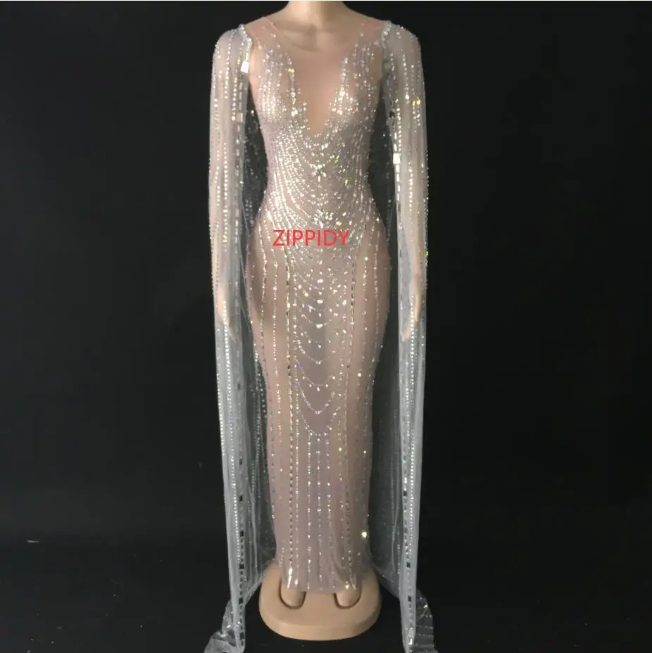 Sparkly Crystals Cloak Dress Outfit Luxurious Mesh Perspective Dress Evening Costume Dress Birthday Celebrate Dress YOUDU