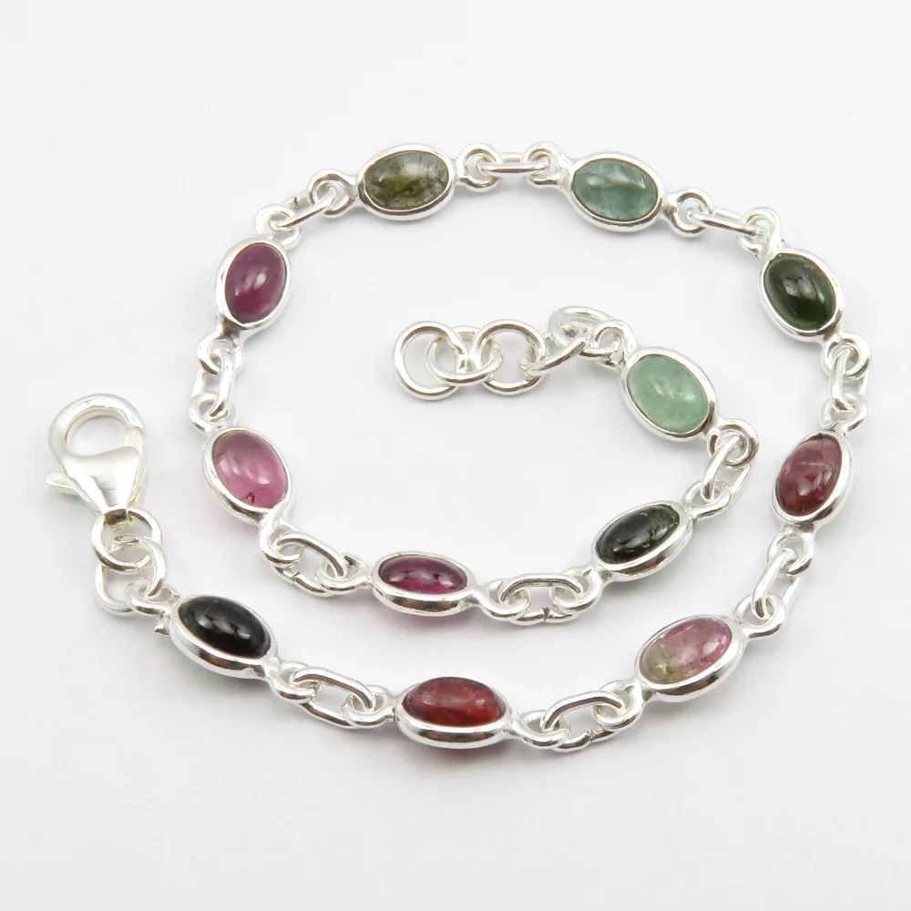 

Solid Silver Natural Cab TOURMALINE Bracelet 8.5" Beautiful Wedding Jewelery