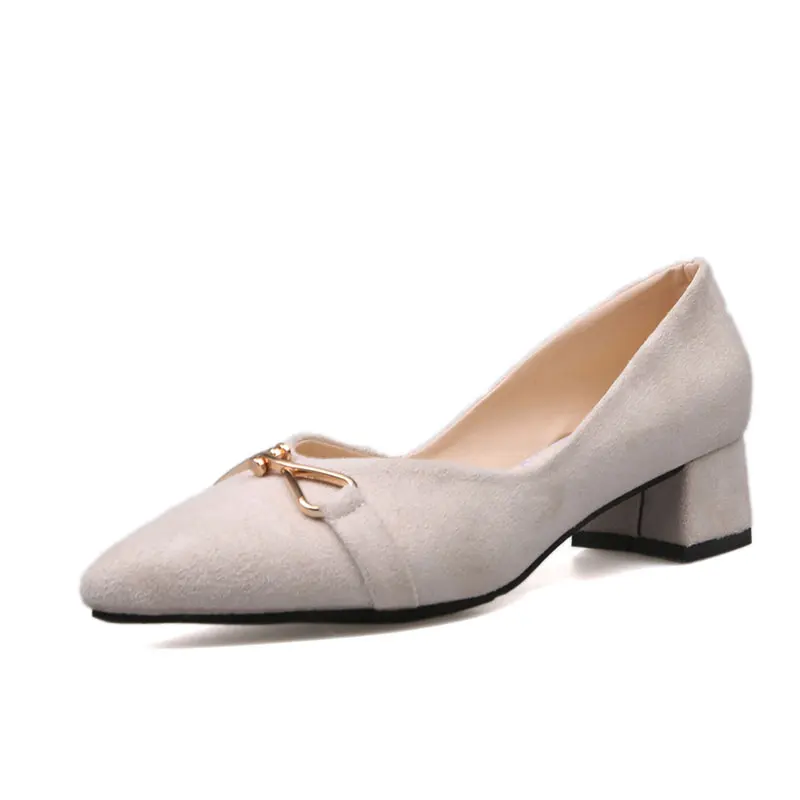 

Women Pumps Autumn Flock Pointed Toe High Heels Metal Decoration with Thick with Wild Single Shoes Women Shoes