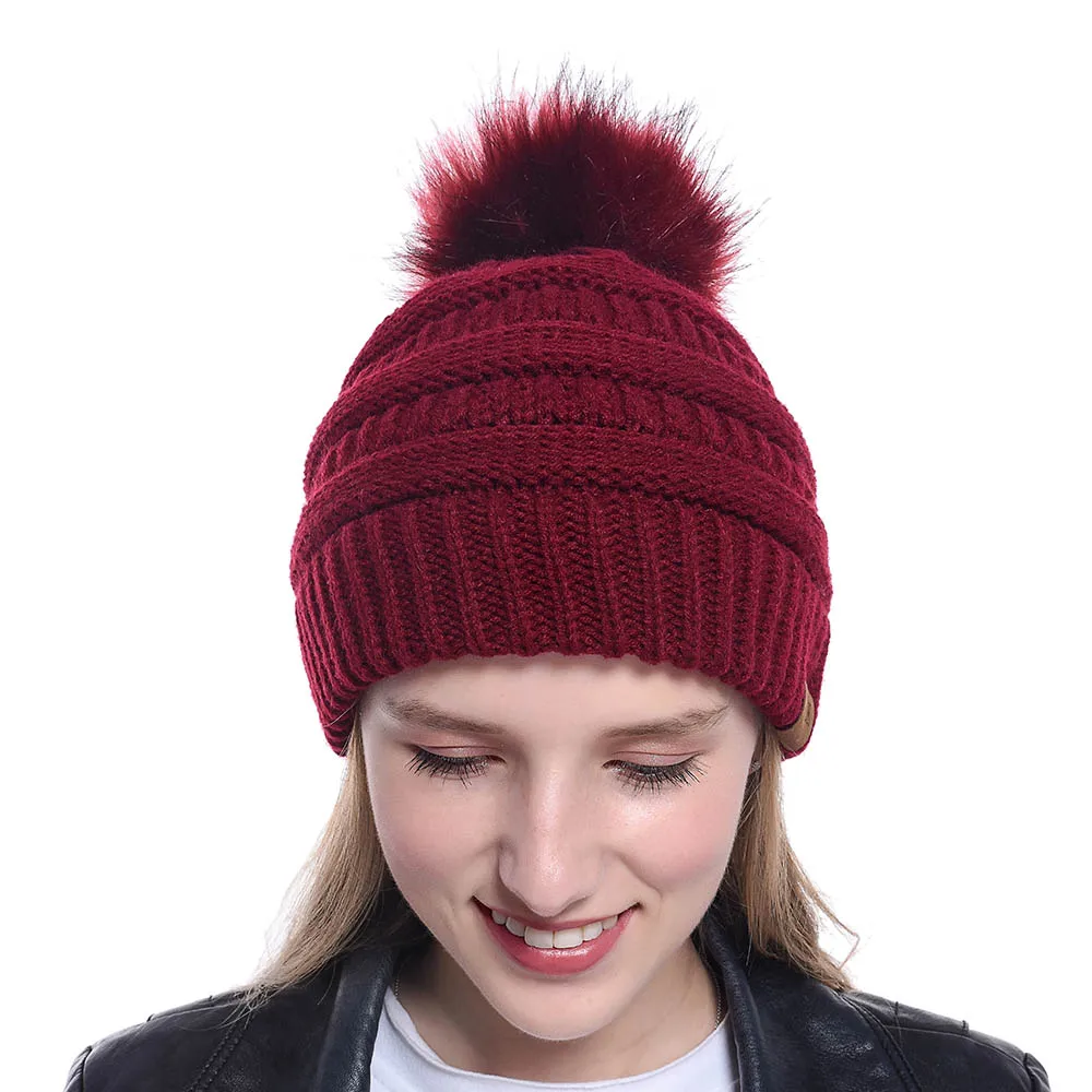 Woman Winter Warm Knitted Hat with Faux Fur Pom Pom Ball Skully Beanie hats Soft Thick Female casual ski caps