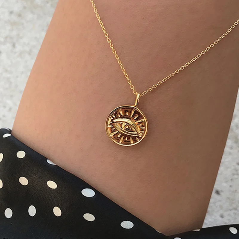 

VIMIO Gold Color Coin Eye Pendant Necklaces for Women Simple Round Disc Layered Choker Boho Charms Initial Necklaces Jewelry