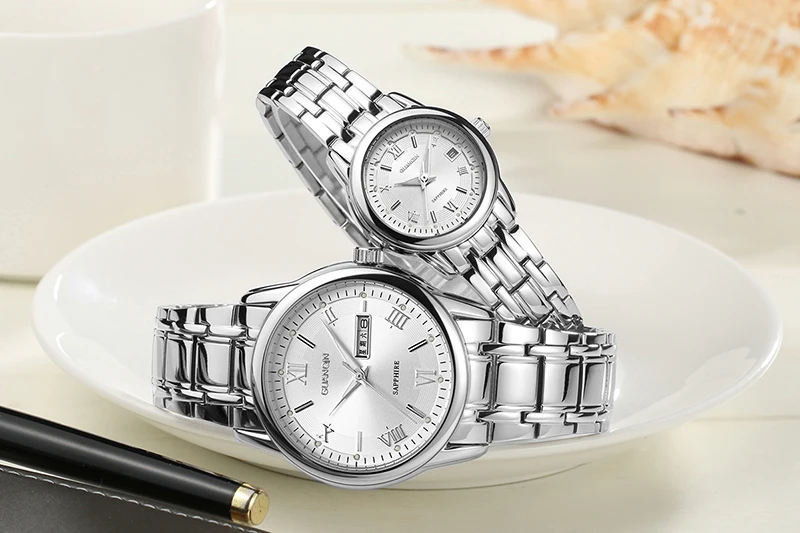 Пара часы женские кварцевые Элитный бренд GUANQIN световой Водонепроницаемый сапфировые часы Для мужчин часы женские для влюблённых часы
