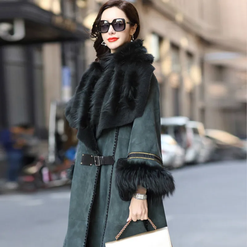 

Winter Sheep Shearing Real Coat Women Fox Fur Collar Windbreaker for Womens Clothing Manteau Femme BT12Y151 YY836