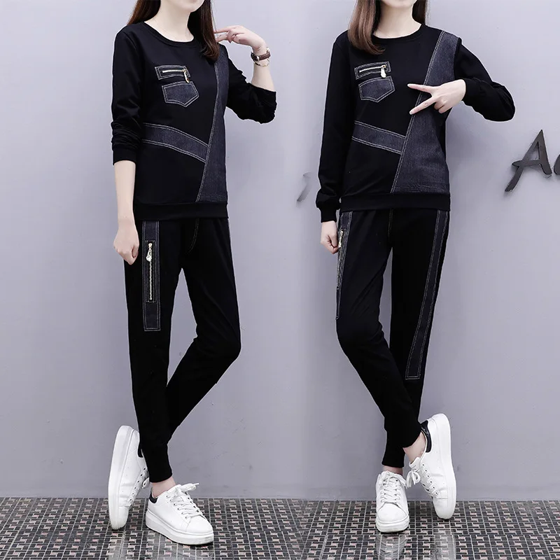 

WOMEN'S Suit 2019 Autumn New Style Fashion Korean-style Large Size Dress Contrast Color Joint Hoodie Tops Trousers Two-Piece Set