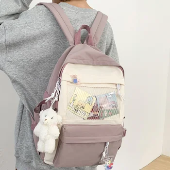 

DCIMOR Contrast Color Tuck Net Waterproof Nylon Women Backpack Female Preppy Insert Buckle Student Schoolbag Girl's Travel Bag