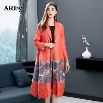 

ARiby Temperament loose retro trench coat 2019 autumn new fashion deer suede retro celebrity wind slim slimming print long coat