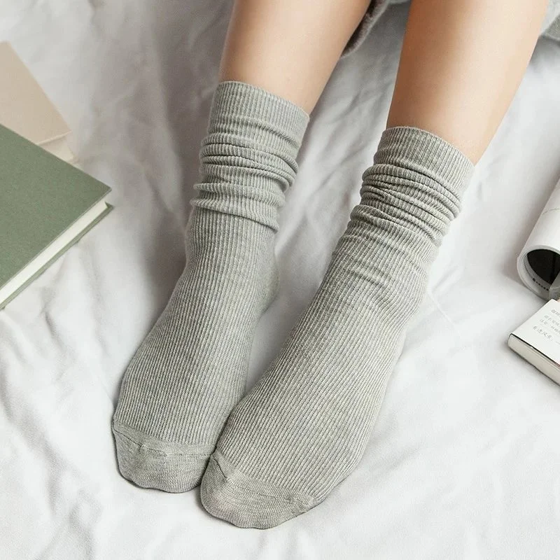 CHAOZHU  Japanese Korea High School Girls High Socks Loose Solid Colors Double Needles Knitting Cotton Long Socks Women