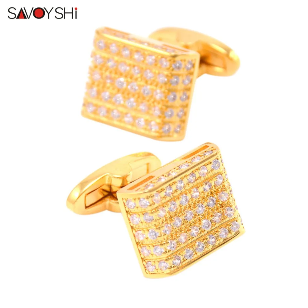 18K Gold plated SAVOYSHI роскошные запонки с кристаллами для мужчин запонки для рубашки высокого качества квадратный золотой цвет запонки бренд ювелирный свадебный подарок - Окраска металла: 18K Gold plated