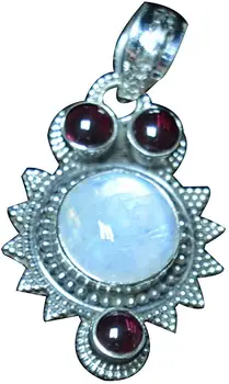 

Genuine Blue Fire Moonstone + Garnet Pendant 925 Sterling Silver,40.3 mm, 2SP0632