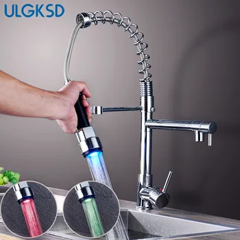 

Pull Down LED Light Dual Spout Kitchen Faucet Single Handle Spring Water Taps Kitchen Handheld Kitchen Sprayer Hot Cold Water