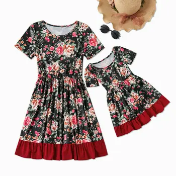 

Matching Clothes Mom Daughters Short Sleeve Dress Family Mommy And Baby Matching Outfits Patchwork Mom And Daughter Dresses