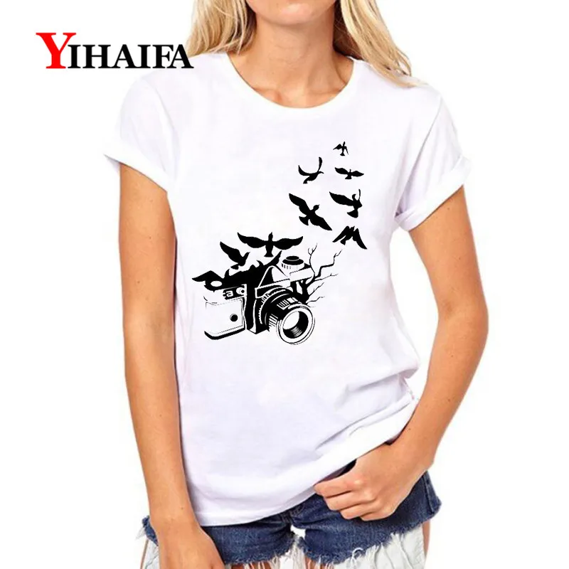 

Women 3D T-shirt Creative Camera Bird Print Graphic Tee Casual Lady Summer White T Shirts Stylish Short Sleeve Tops