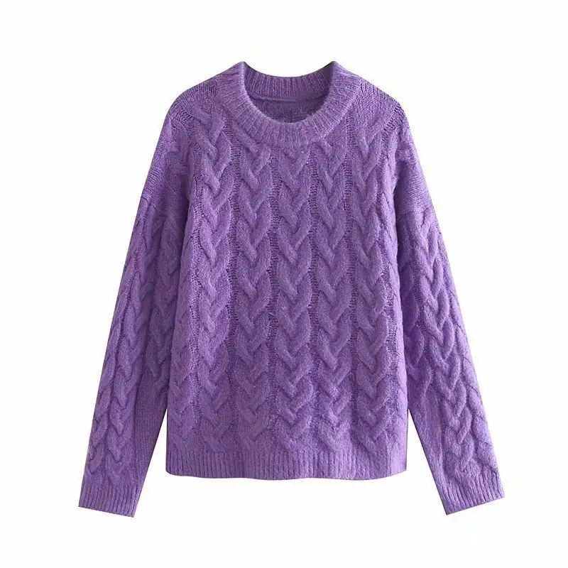 ZA Fashion Twisted трикотажные Фиолетовые женские свитера с круглым вырезом и длинным рукавом Осень Зима повседневный элегантный джемпер свитер - Цвет: 1