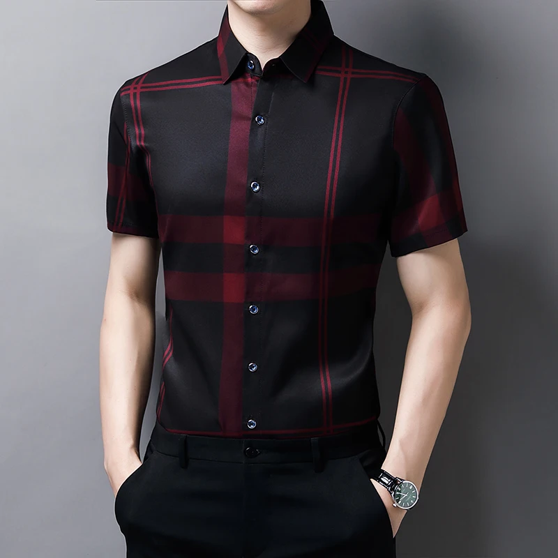 Camisa informal de manga corta para hombre, Camisa Masculina ajustada de seda de alta calidad, de verano, nuevo a cuadros, C748, 2021