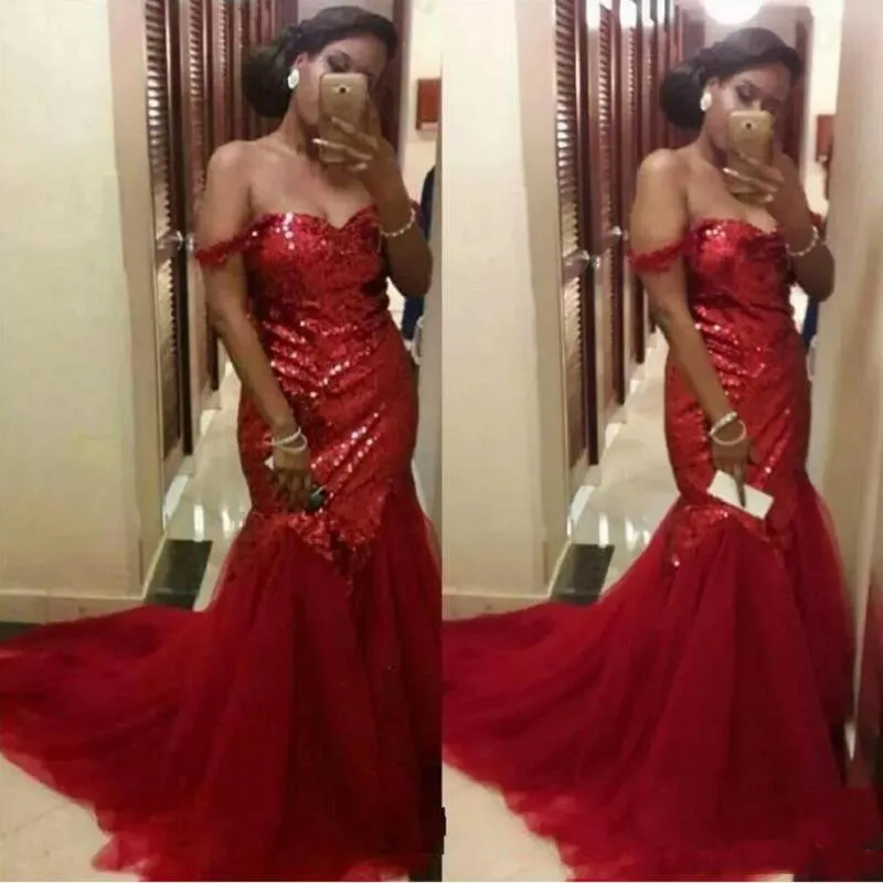 Красный Африканские платья русалки с блестками для выпускного вечера vestidos de gala вечерние платья с открытыми плечами красные вечерние платья для особых случаев - Цвет: Красный