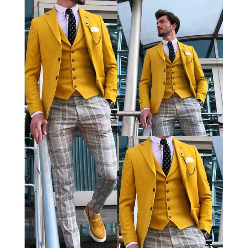 Traje amarillo informal de 3 piezas para hombre, Blazer ajustado a medida, pantalones, chaleco, ropa para nuevo diseño|Trajes| -