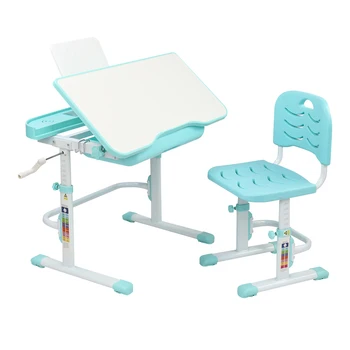 

80Cm Hand-Operated Lifting Table Top Can Tilt Kid Study Table And Chair Blue- Green With Reading Frame Without Lamp