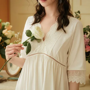 

Summer Cotton Nightdress Lace Long Nightgowns Cute Ladies Sleepwear Palace Sweet Princess Homewear V-neck Women Nightwear
