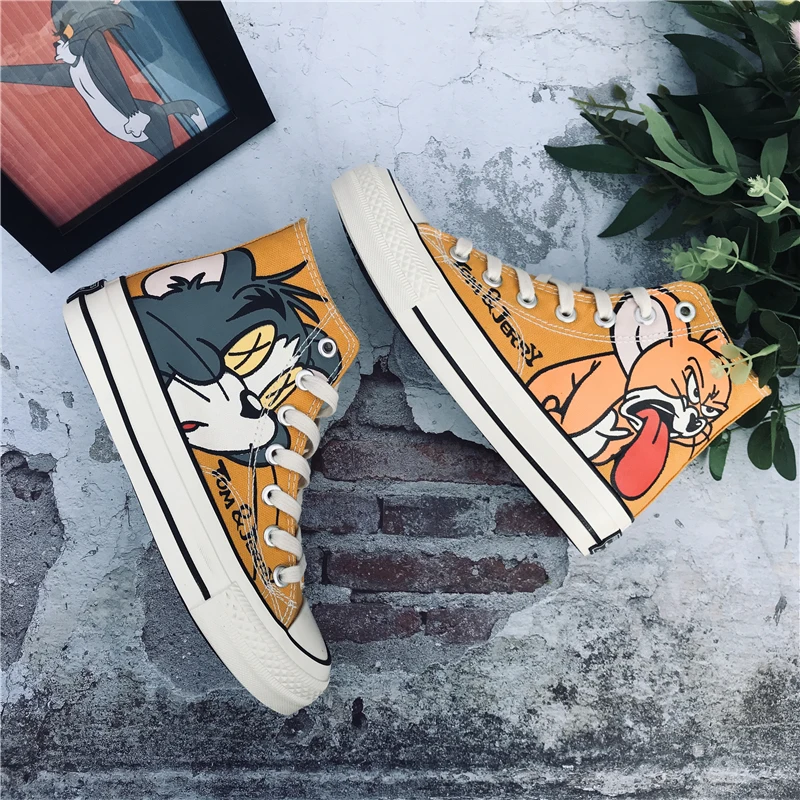 De dibujos animados de impresión de los hombres de la lona zapatillas de deporte de plataforma amarillo deportivas altas zapatos casuales vulcanizar Zapatos zapatillas hombre