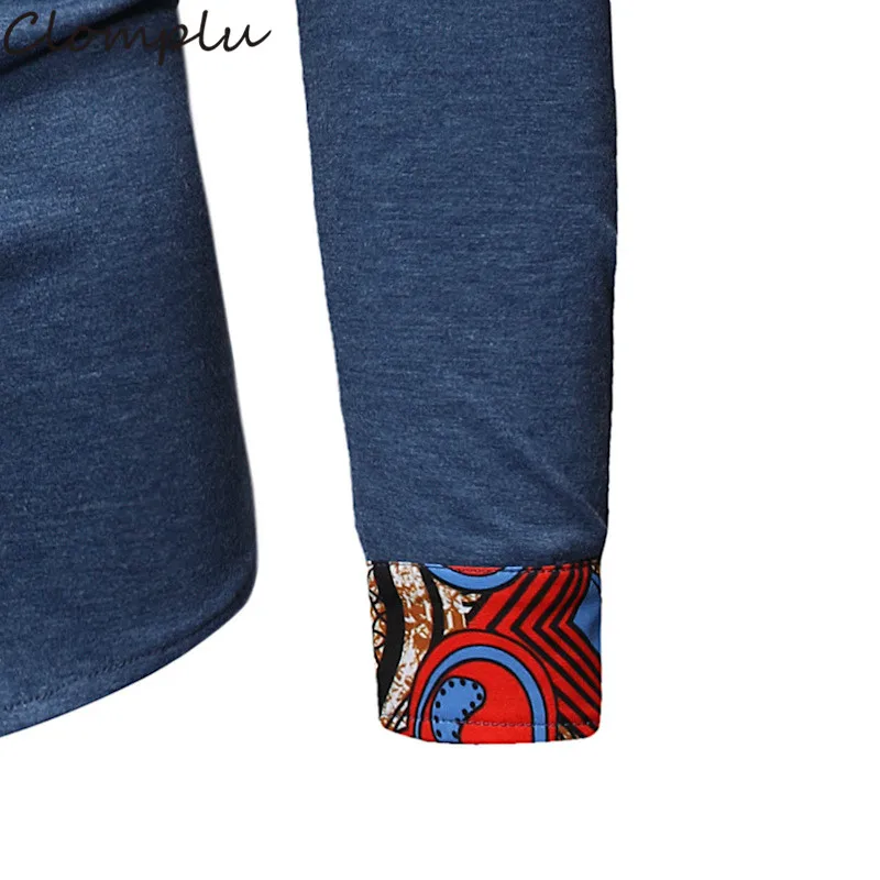 Clomplu африканская одежда Дашики Мужская модная стильная одежда с длинными рукавами печатная версия традиционные синие топы с карманом