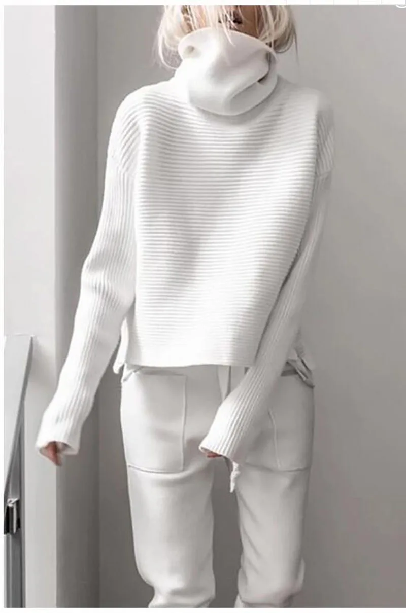 Осень и зима Модный женский свитер короткий с высоким воротником длинный рукав сплошной цвет свободный свитер