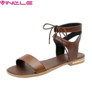 

VINLLE 2020 Ankle Strap Summer Hollow Lace Up Casual Women Sandals PU Leather Open-toed Comfort Ladies Flats Shoes Size 34-43
