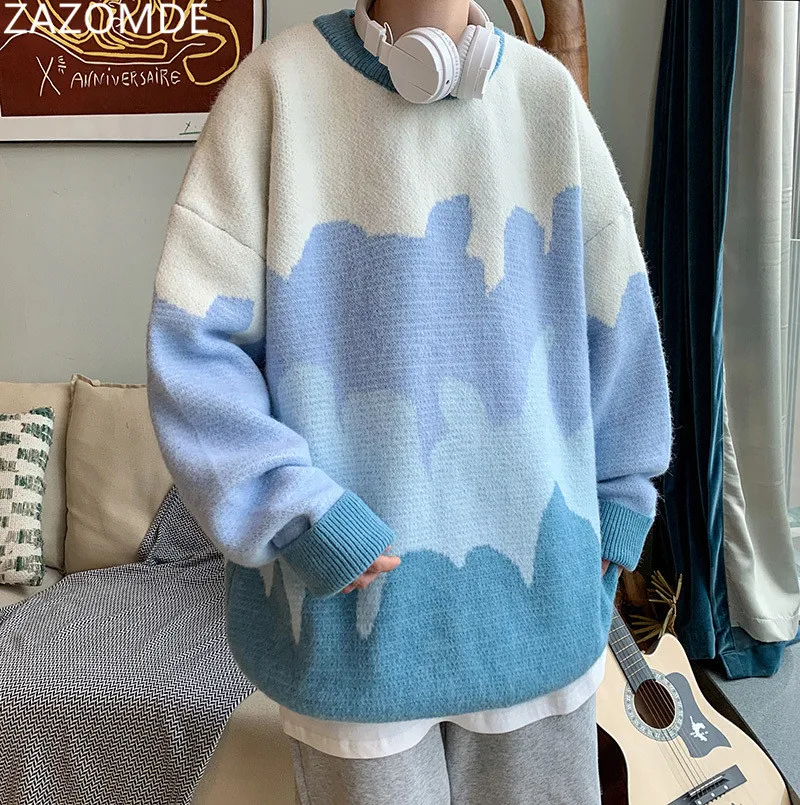 ZAZOMDE негабаритных Для мужчин s вязаный свитер Лоскутные Свитера Джемпер Пуловер В