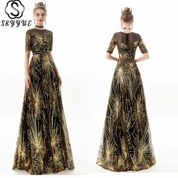 

Skyyue Evening Dress O-Neck Sequined Short Sleeve A-Line Formal Dress Floor-Length Plus Size Custom Color Robe De Soiree E823
